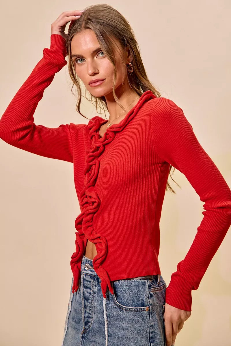Ribbed knit cardigan with cascade ruffle trim