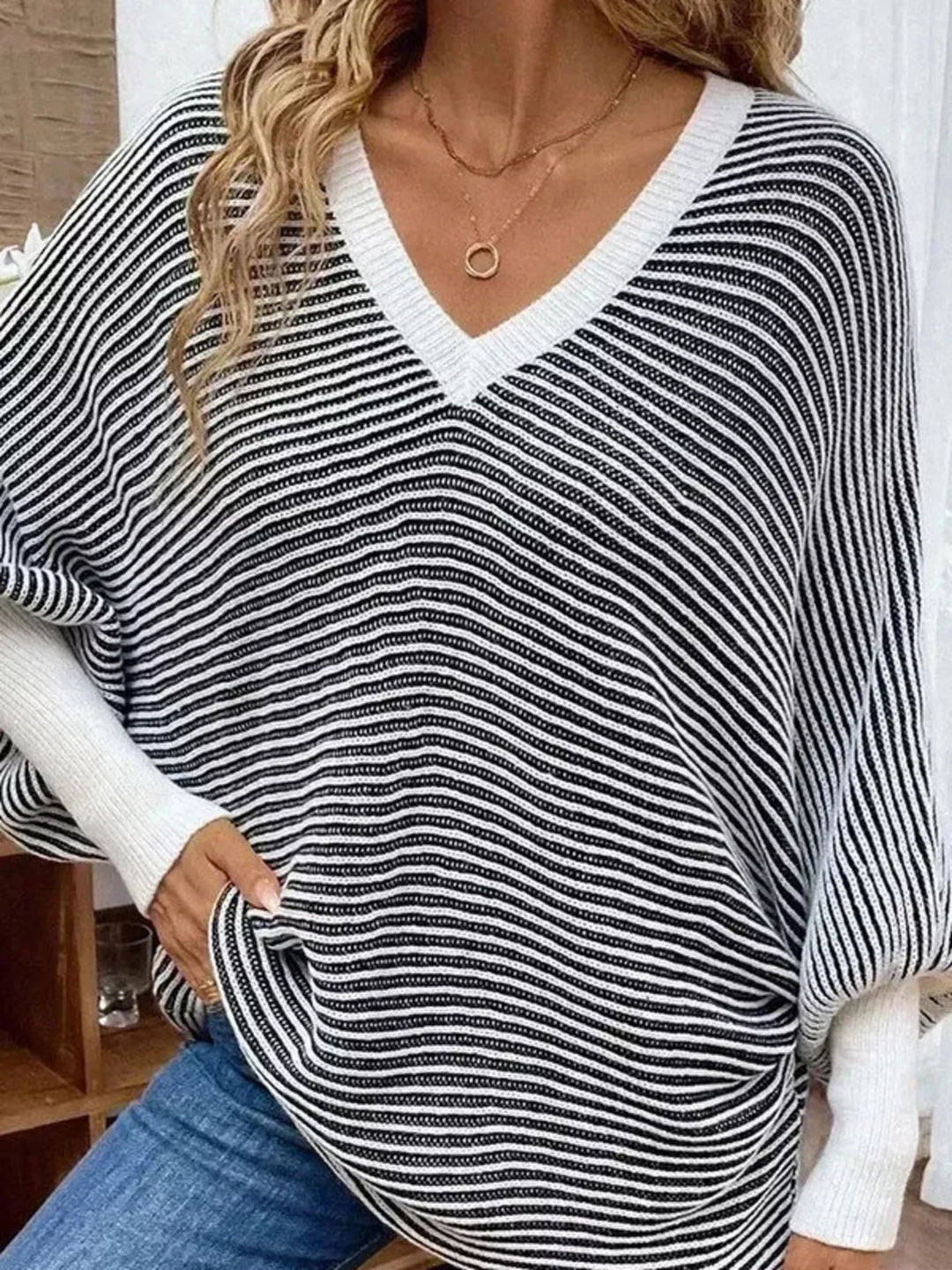 Striped ribbed knit batwing sleeve V-neck sweater
