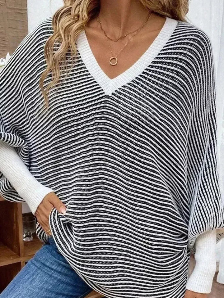 Striped ribbed knit batwing sleeve V-neck sweater