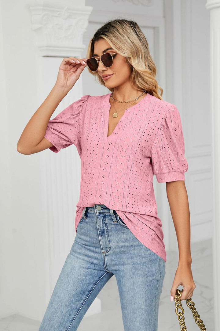 Eyelet puff sleeve top with notched V-neck