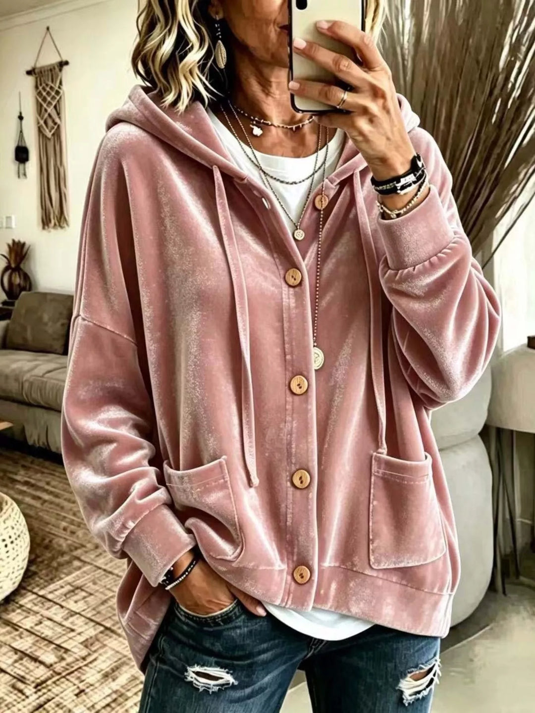 Pink Oversized hooded button-up jacket with patch pockets