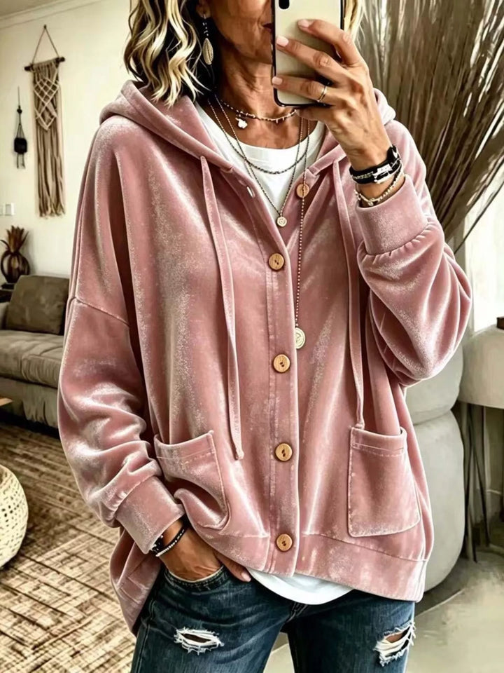 Pink Oversized hooded button-up jacket with patch pockets