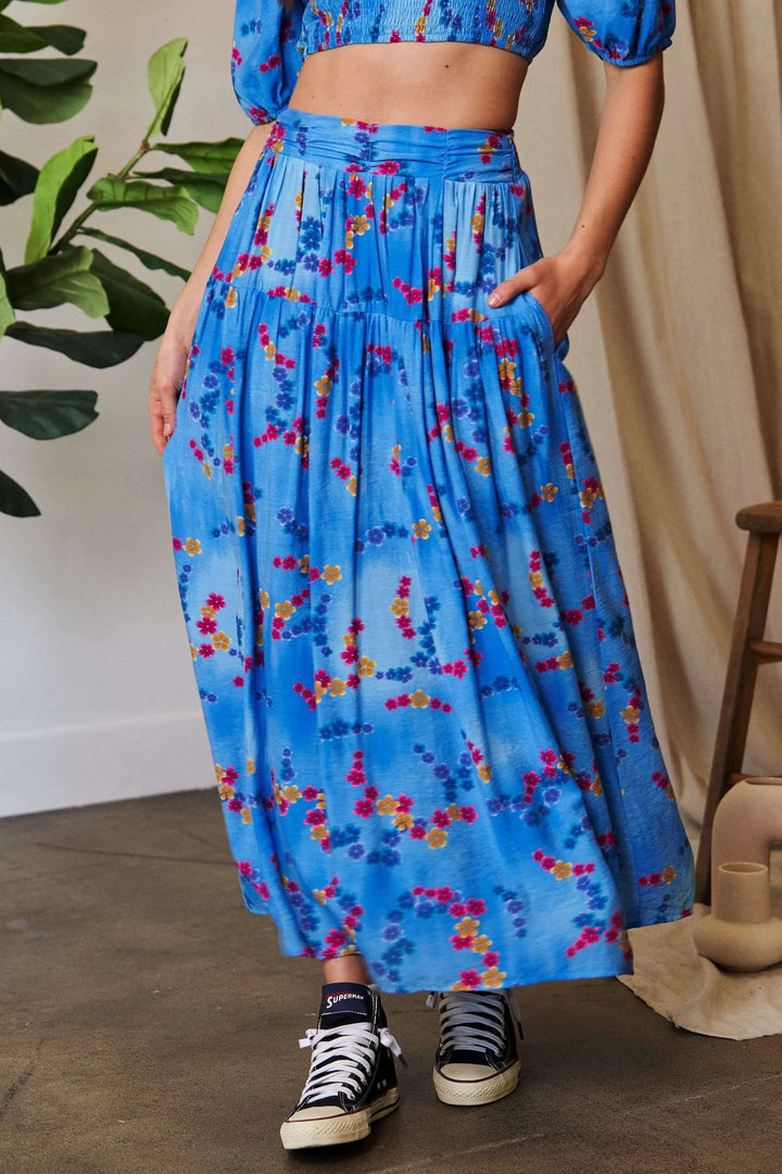 OCEAN BLUE Tiered floral maxi skirt with smocked waistband