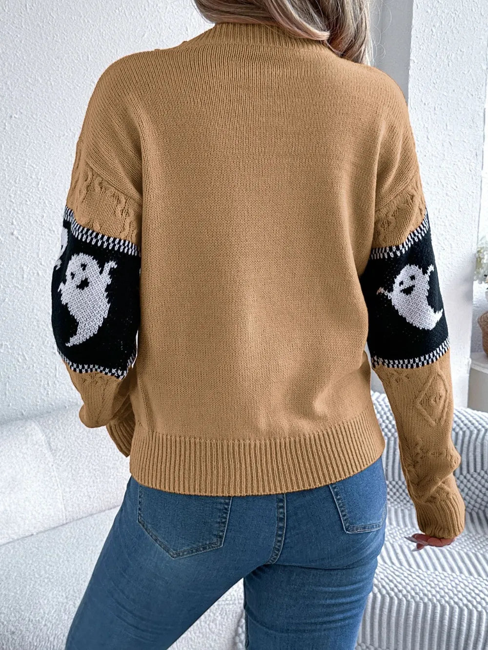 Ghost knit crew neck sweater with cable textured sleeves