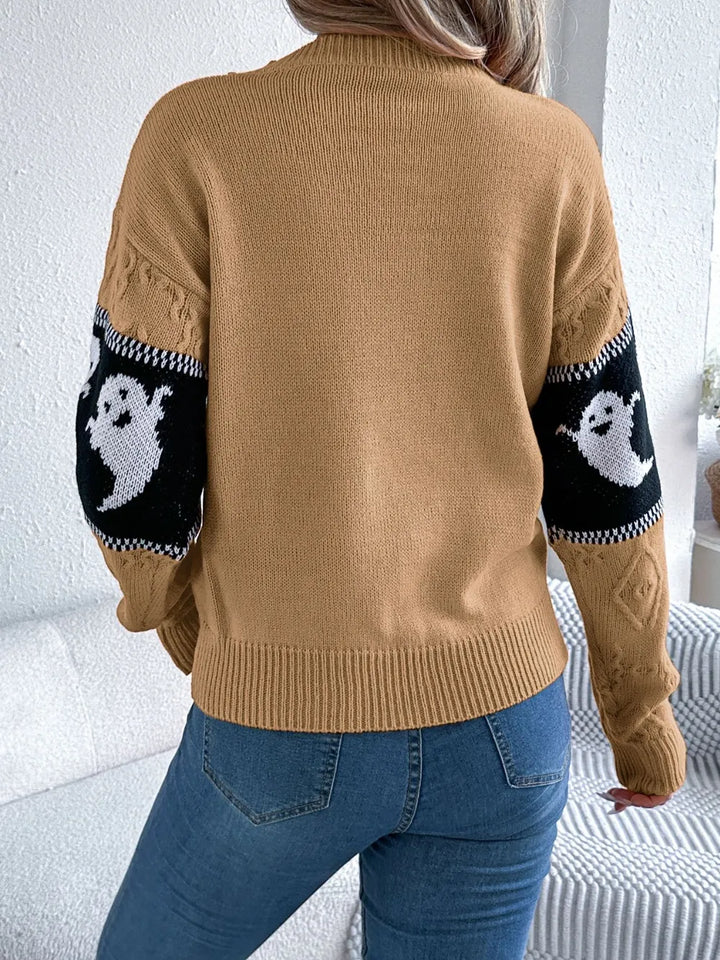 Ghost knit crew neck sweater with cable textured sleeves