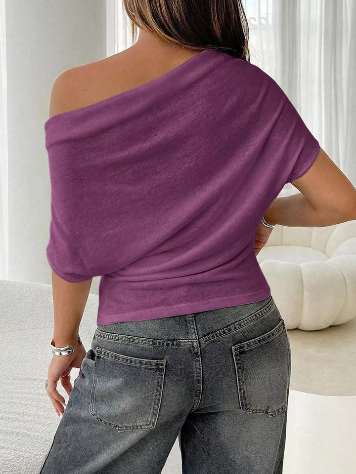 Off-shoulder ruched ribbed knit short-sleeve top