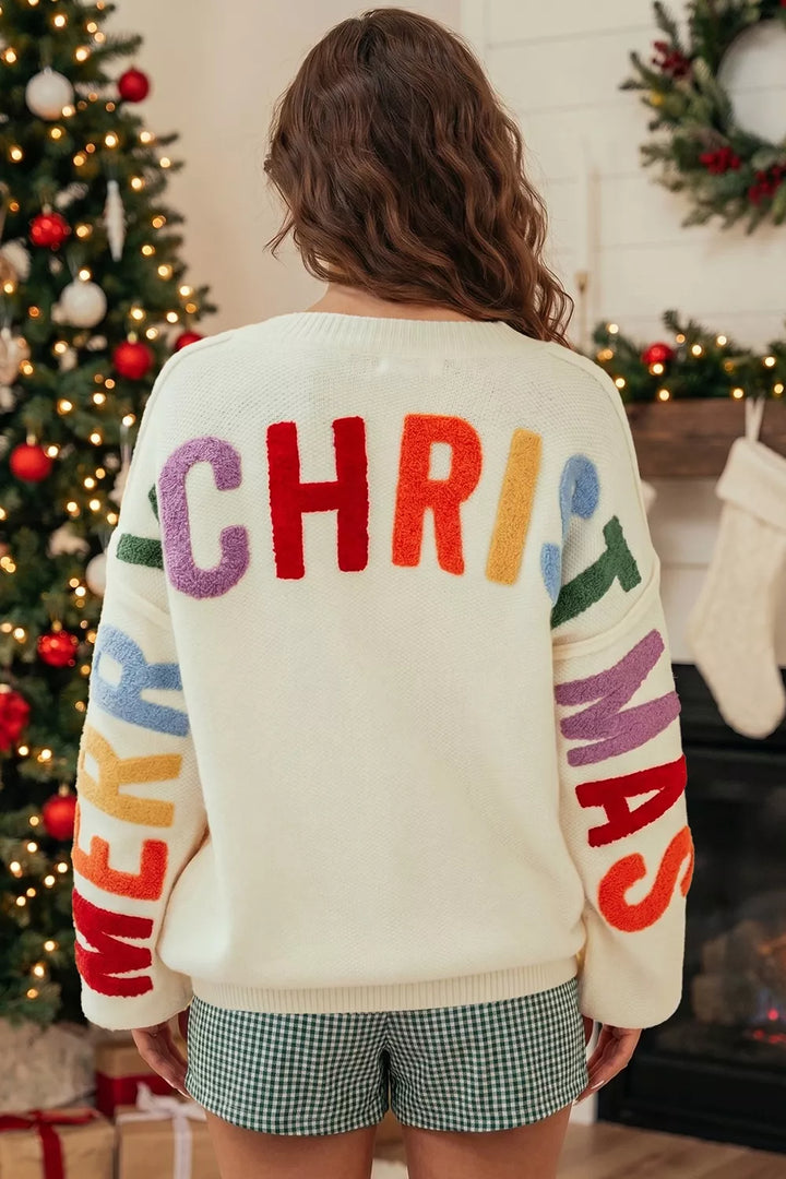 Ho Ho Ho chenille letter button-up knit cardigan