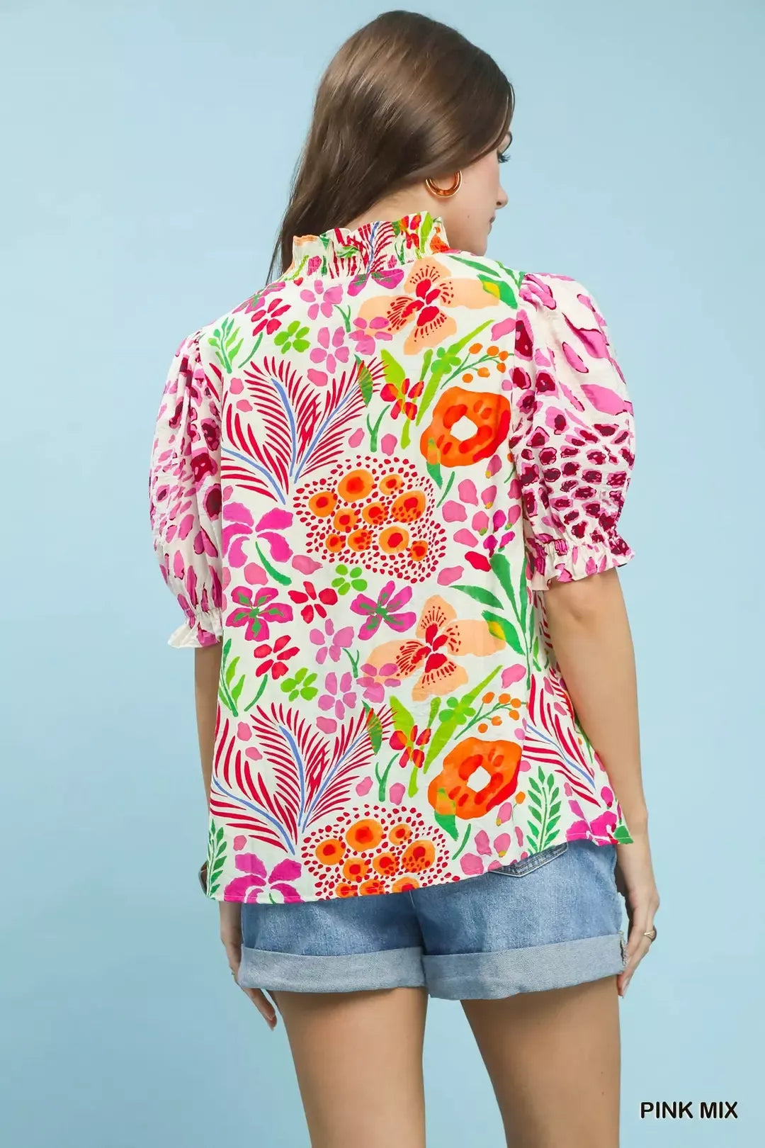 Mixed floral print puff sleeve top with ruffle V-neck