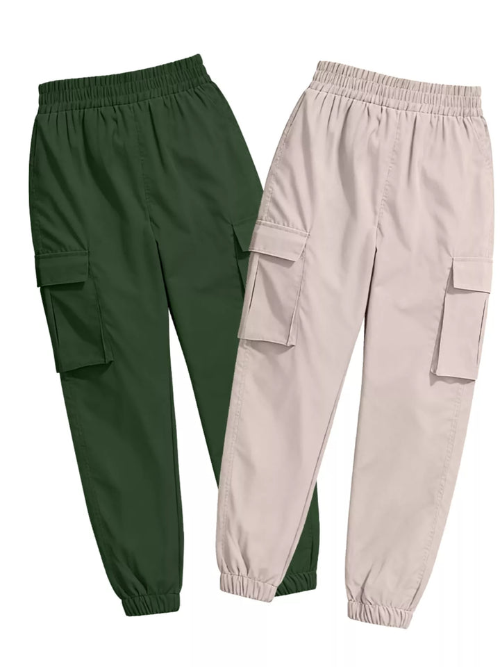 Elastic waist cargo jogger pants with flap pockets, 2-piece set