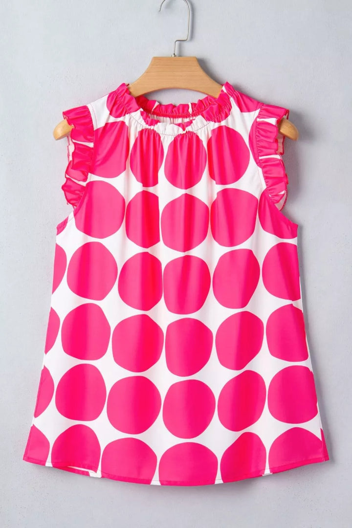Large polka dot ruffle-neck sleeveless shift top