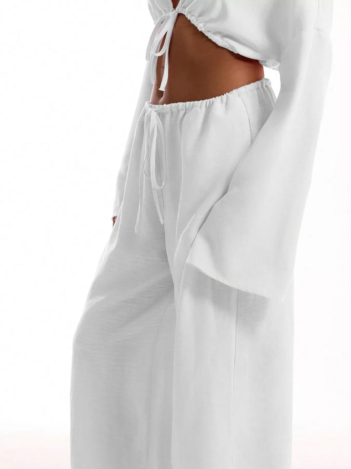Linen-look drawstring wide-leg pants with side pockets