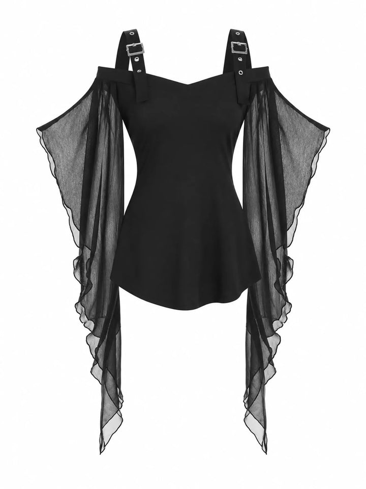 Off-shoulder buckle strap top with sheer mesh bell sleeves