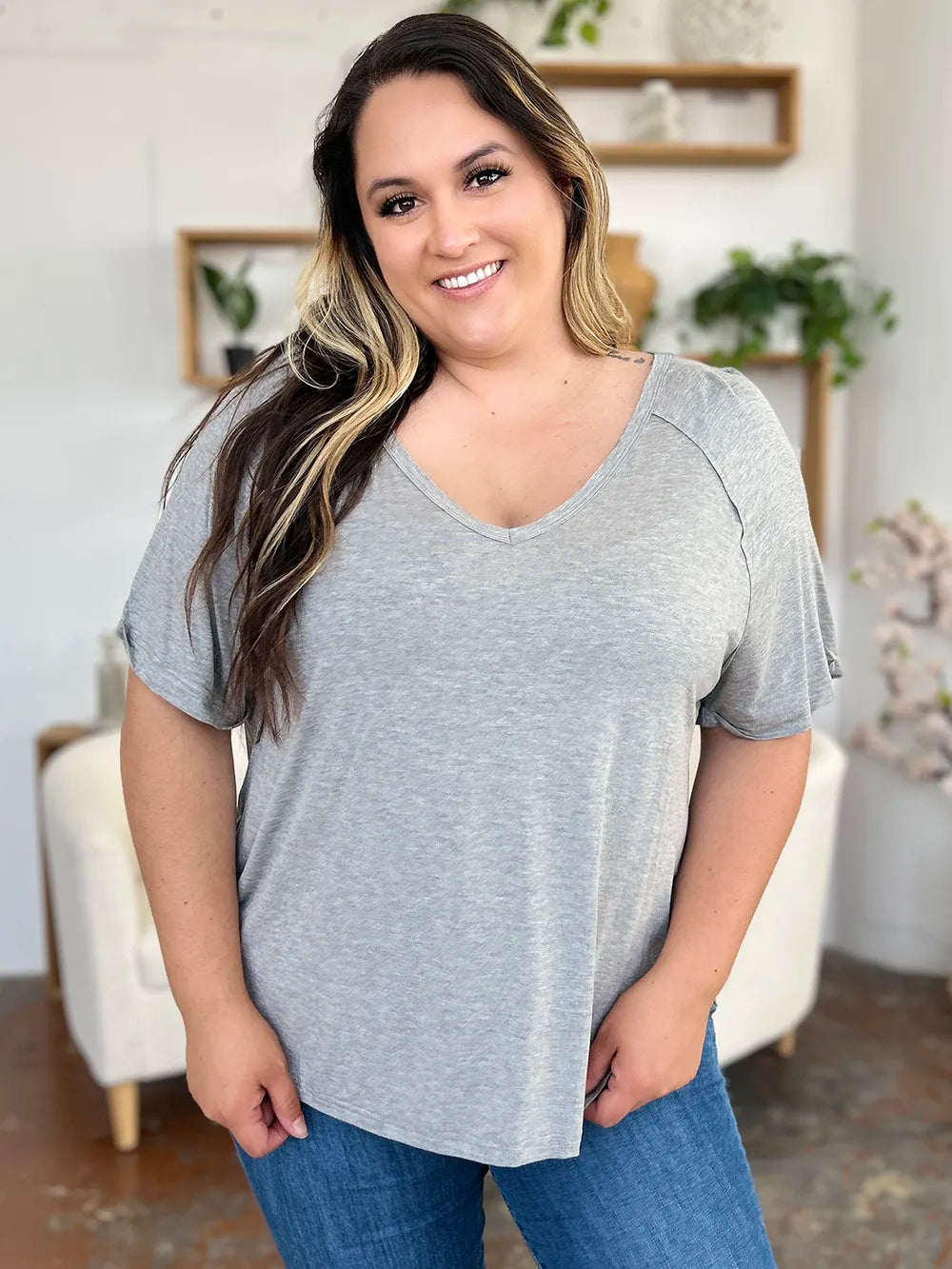 Relaxed bamboo V-neck short sleeve tee with side slits