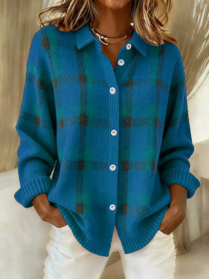 Blue Plaid knit button-down shirt cardigan with collar