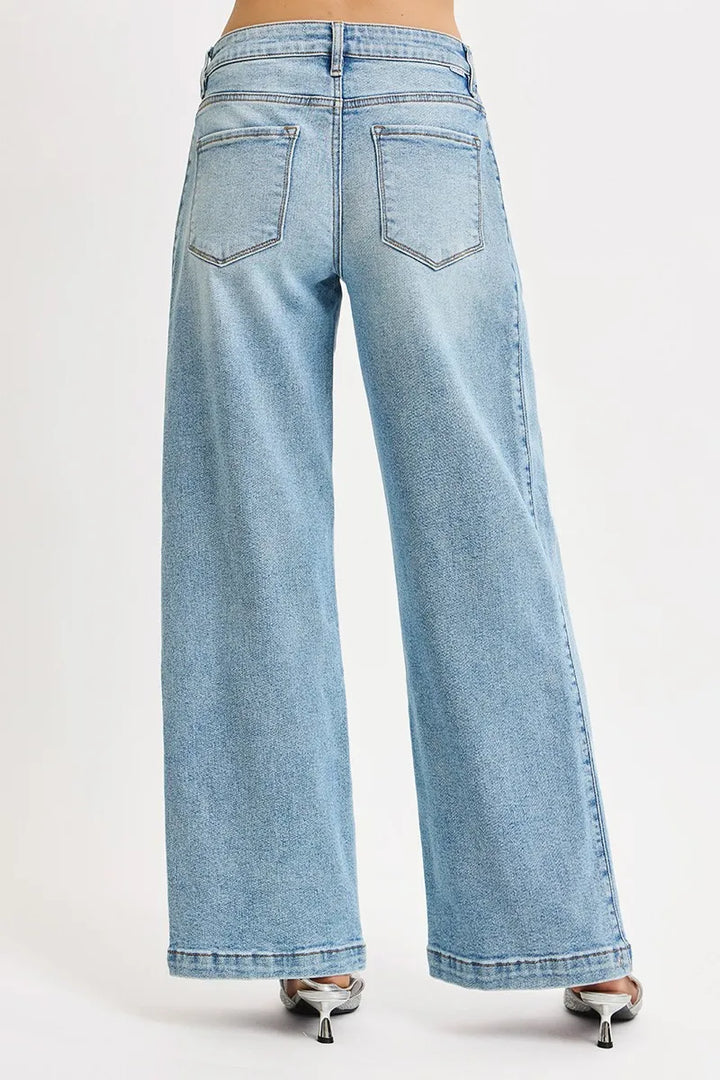 Mid-rise wide barrel jeans with adjustable snap hem