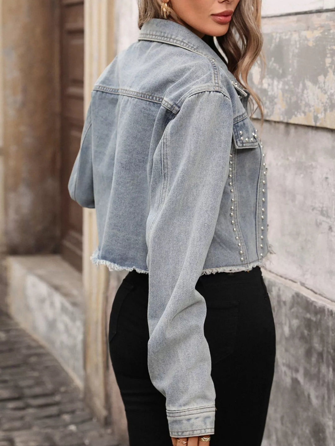 Studded cropped denim jacket with raw frayed hem