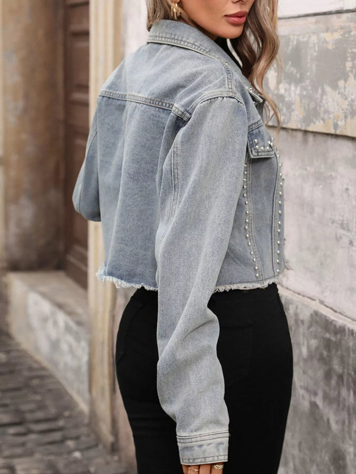 Studded cropped denim jacket with raw frayed hem