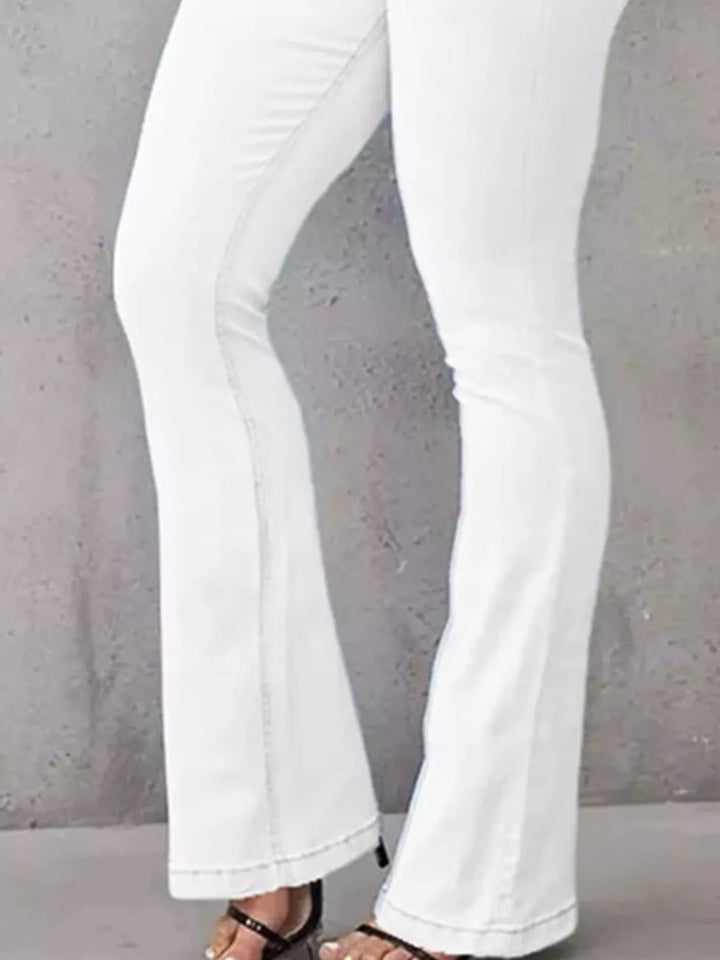 High-rise stretch flare jeans with double-button waist
