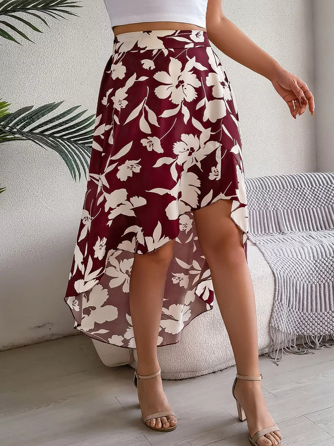 Wine Red Floral print asymmetrical ruffle hem midi skirt