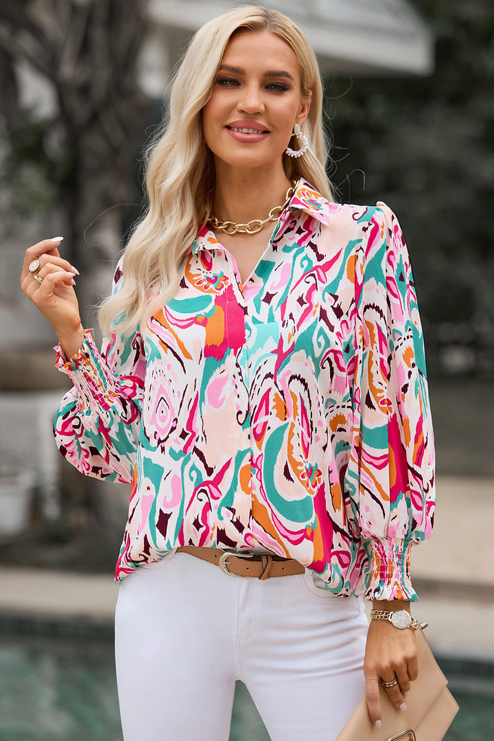 Abstract print lantern sleeve collared blouse