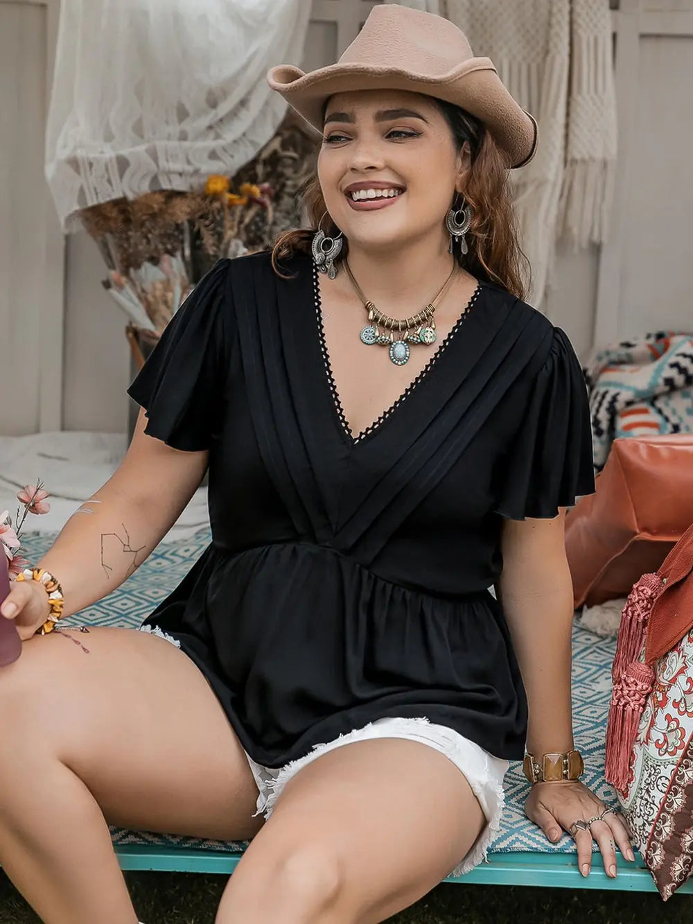 Plus size flutter sleeve V-neck peplum blouse