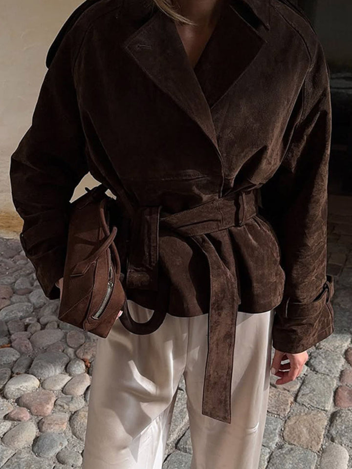 Suede-look tie-waist cropped jacket with lapel collar