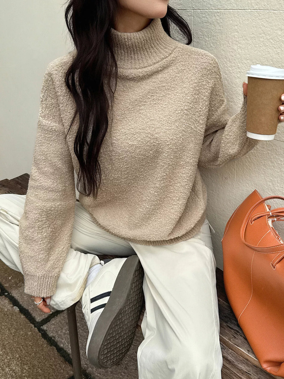 Khaki Textured knit turtleneck sweater with drop shoulders
