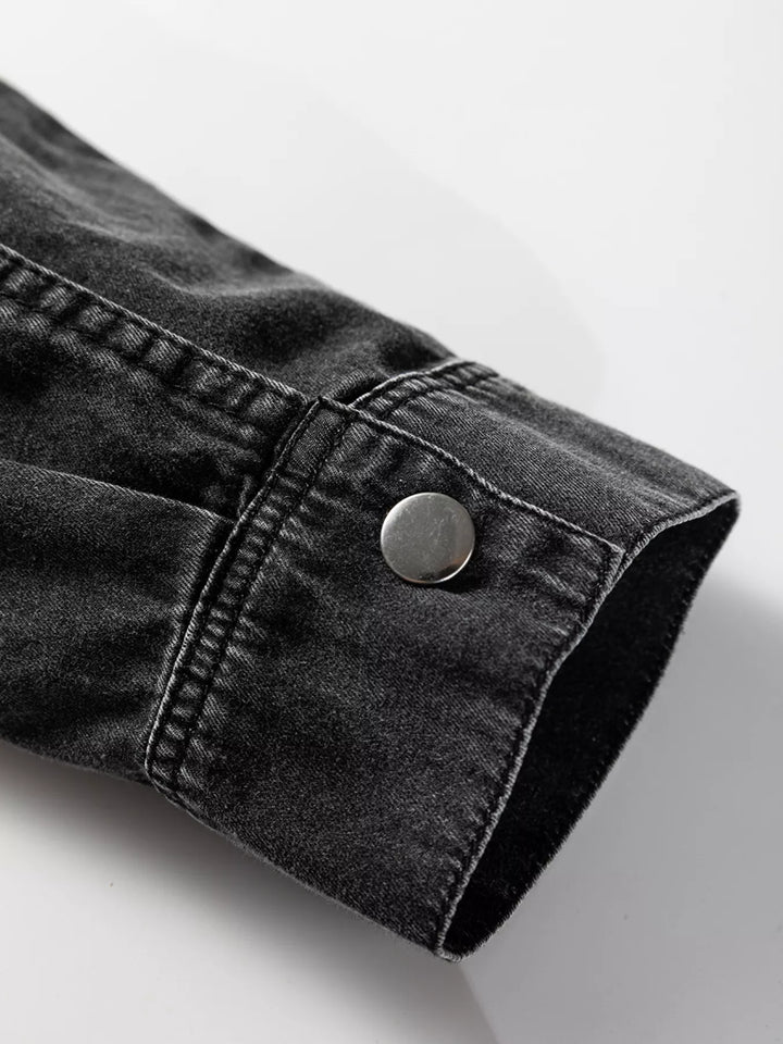 Loose-fit denim shirt dress with raw hem and chest pockets