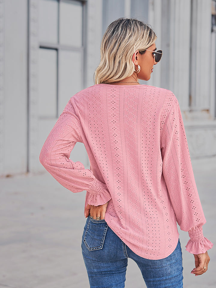 Eyelet V-neck blouse with lace trim and flounce sleeves