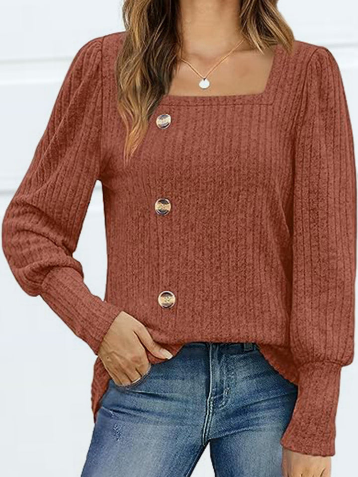 Red Orange Ribbed knit square neck top with decorative buttons