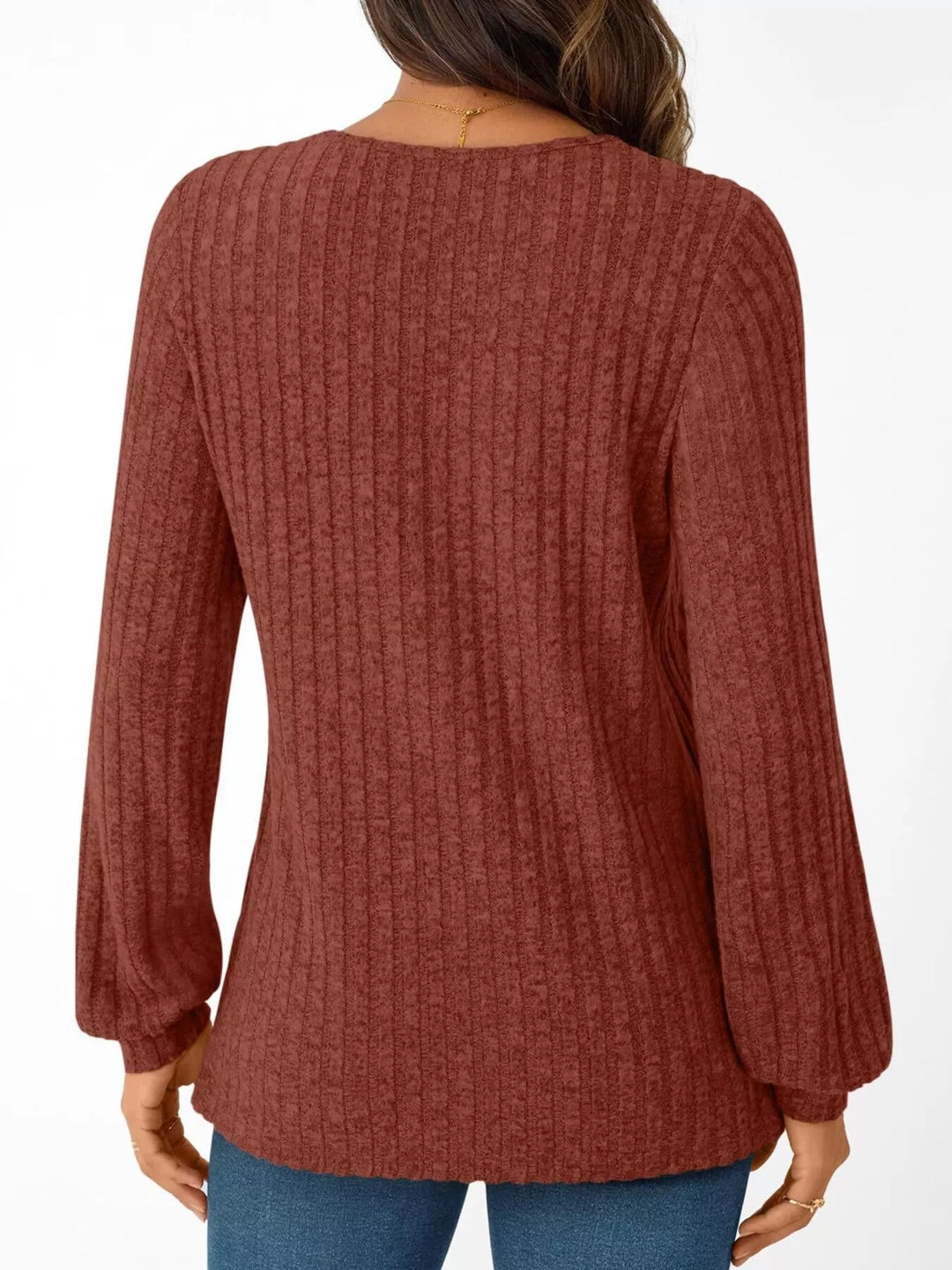 Ribbed knit v-neck top with blouson sleeves