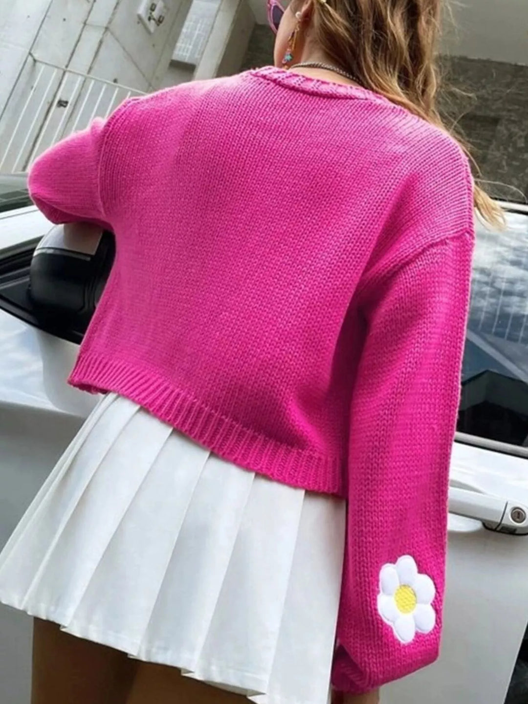 Daisy appliqué open front chunky knit cardigan