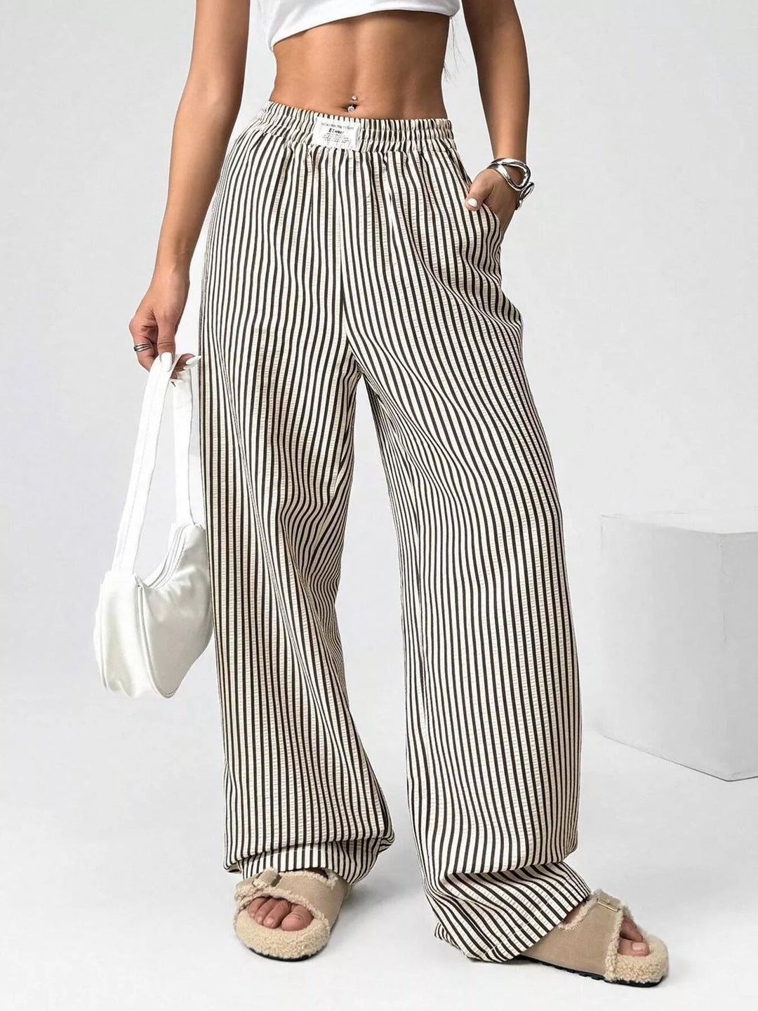 Black Striped high-waist wide-leg pants with drawstring