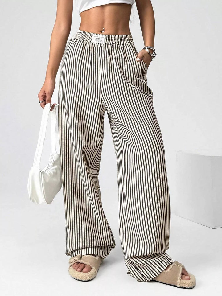 Black Striped high-waist wide-leg pants with drawstring