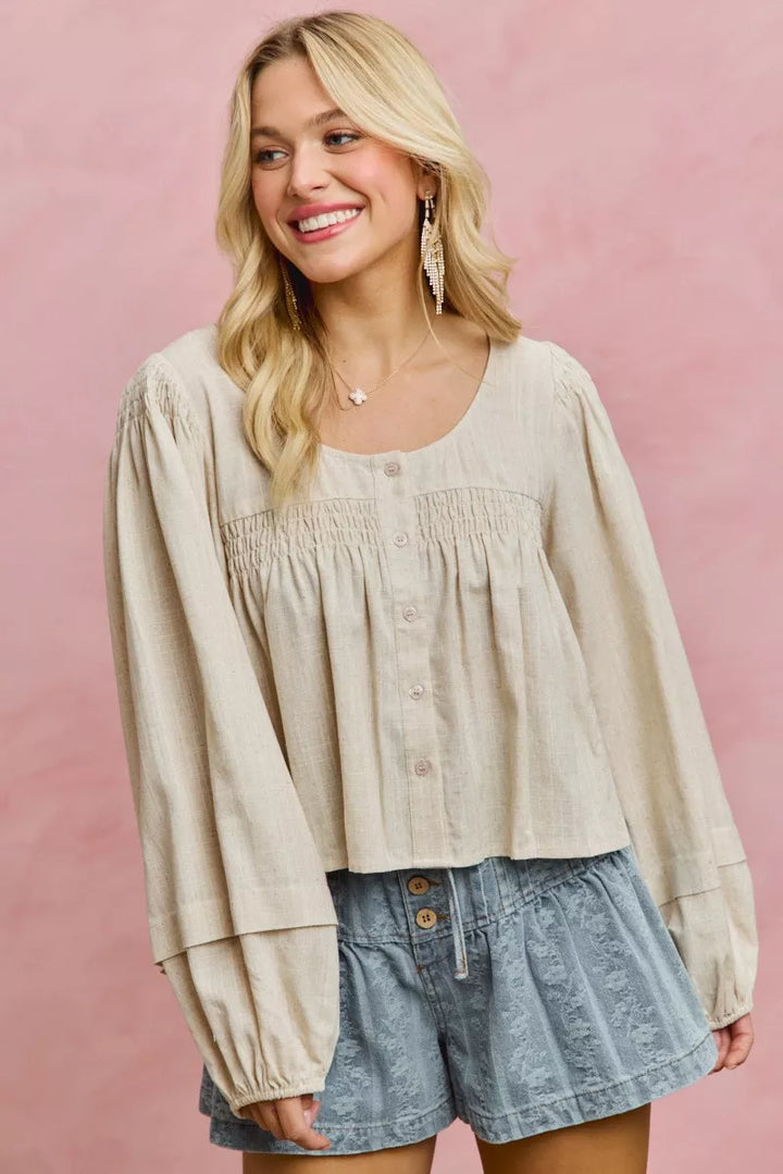Smocked button-front puff sleeve linen blend top