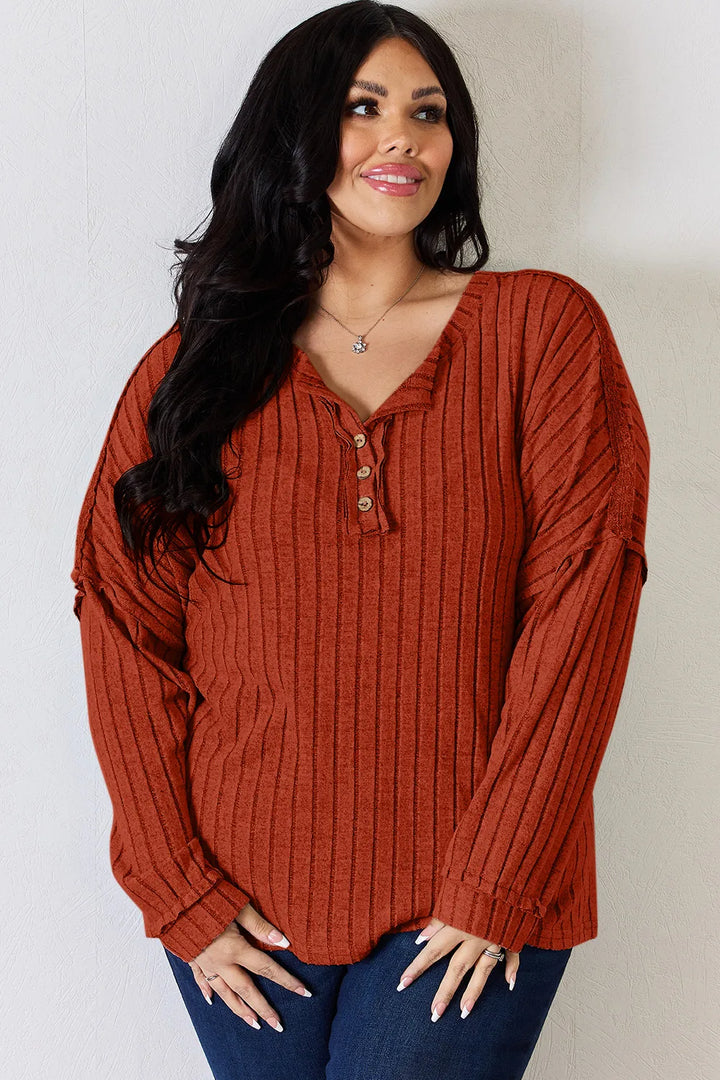 Ribbed knit half-button henley long sleeve top