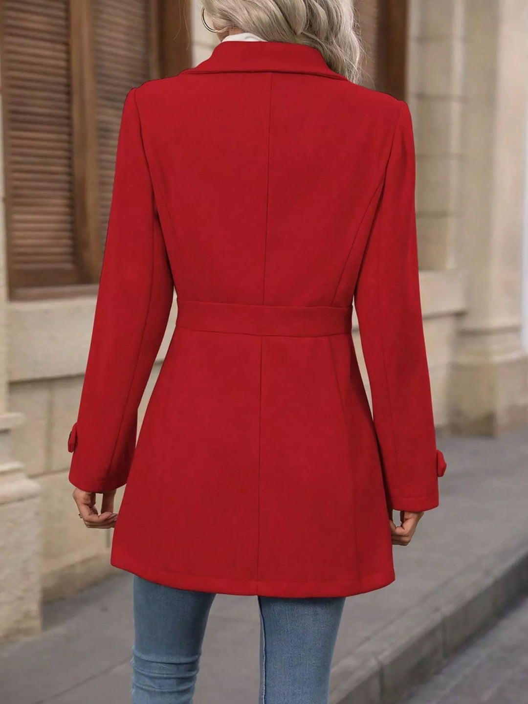 Notched lapel button-up coat with waist tabs
