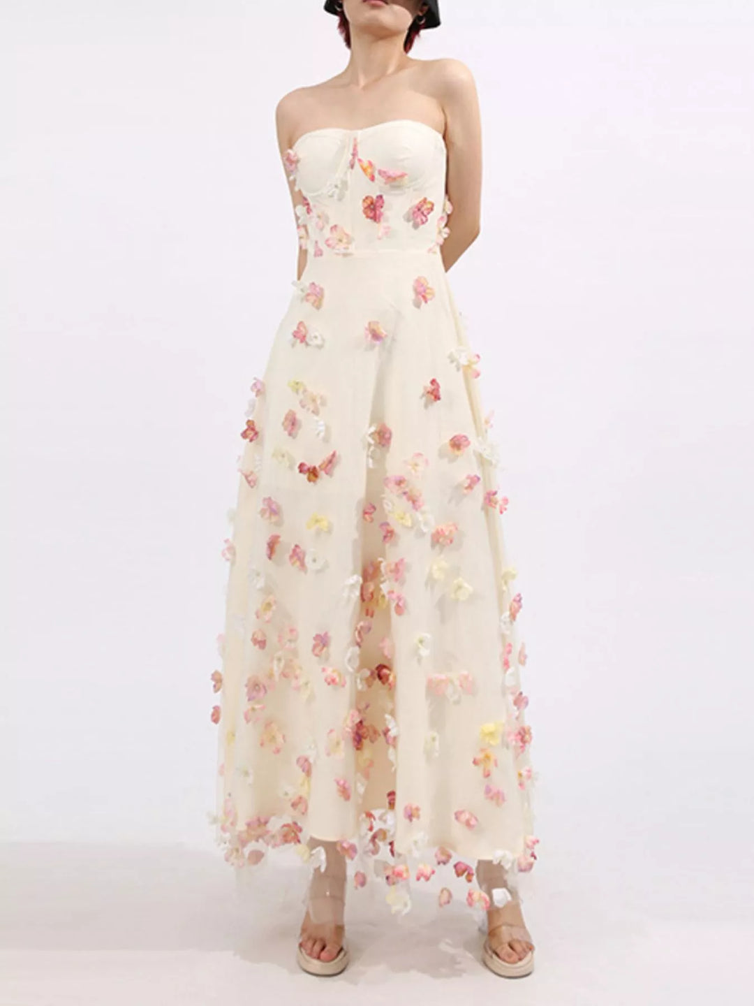 Strapless tulle maxi dress with 3D floral appliques