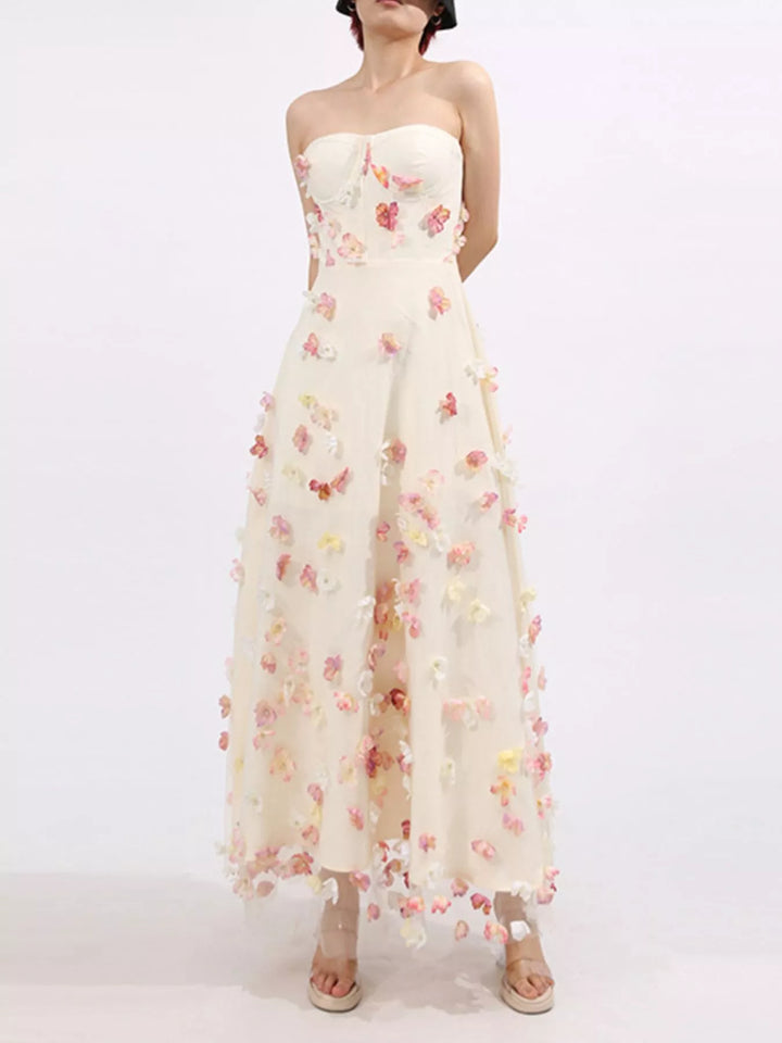 Strapless tulle maxi dress with 3D floral appliques