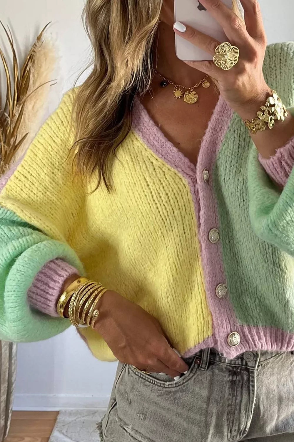 Colorblock drop-shoulder button-front knit cardigan