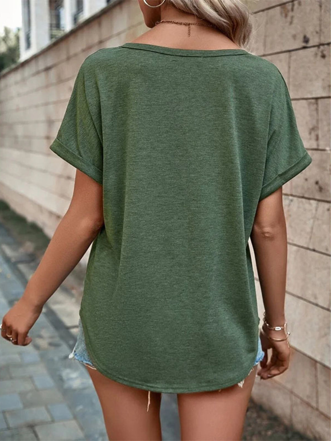 Decorative button-front notch neck short sleeve tee