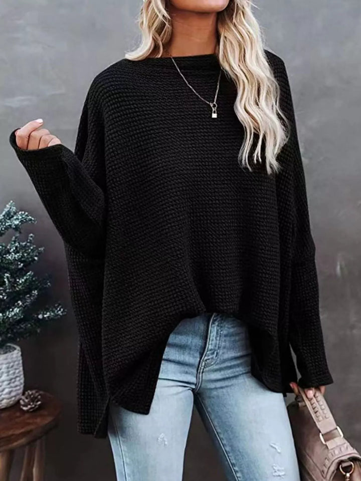 Black Oversized waffle-knit boat neck long sleeve top