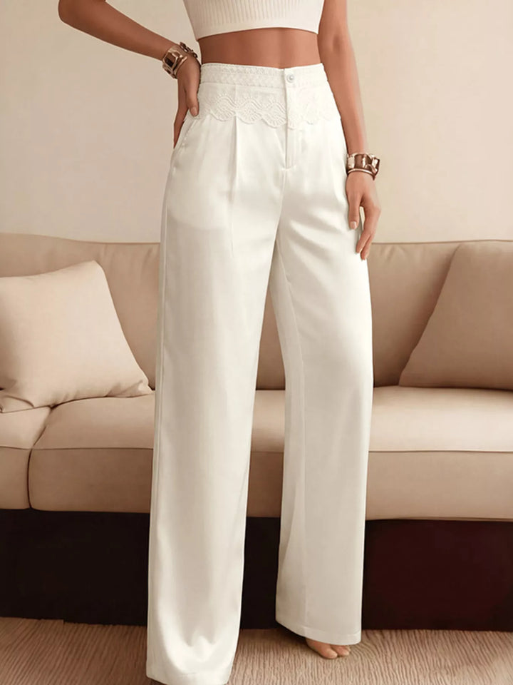 Wide-leg pants with scalloped lace waistband trim