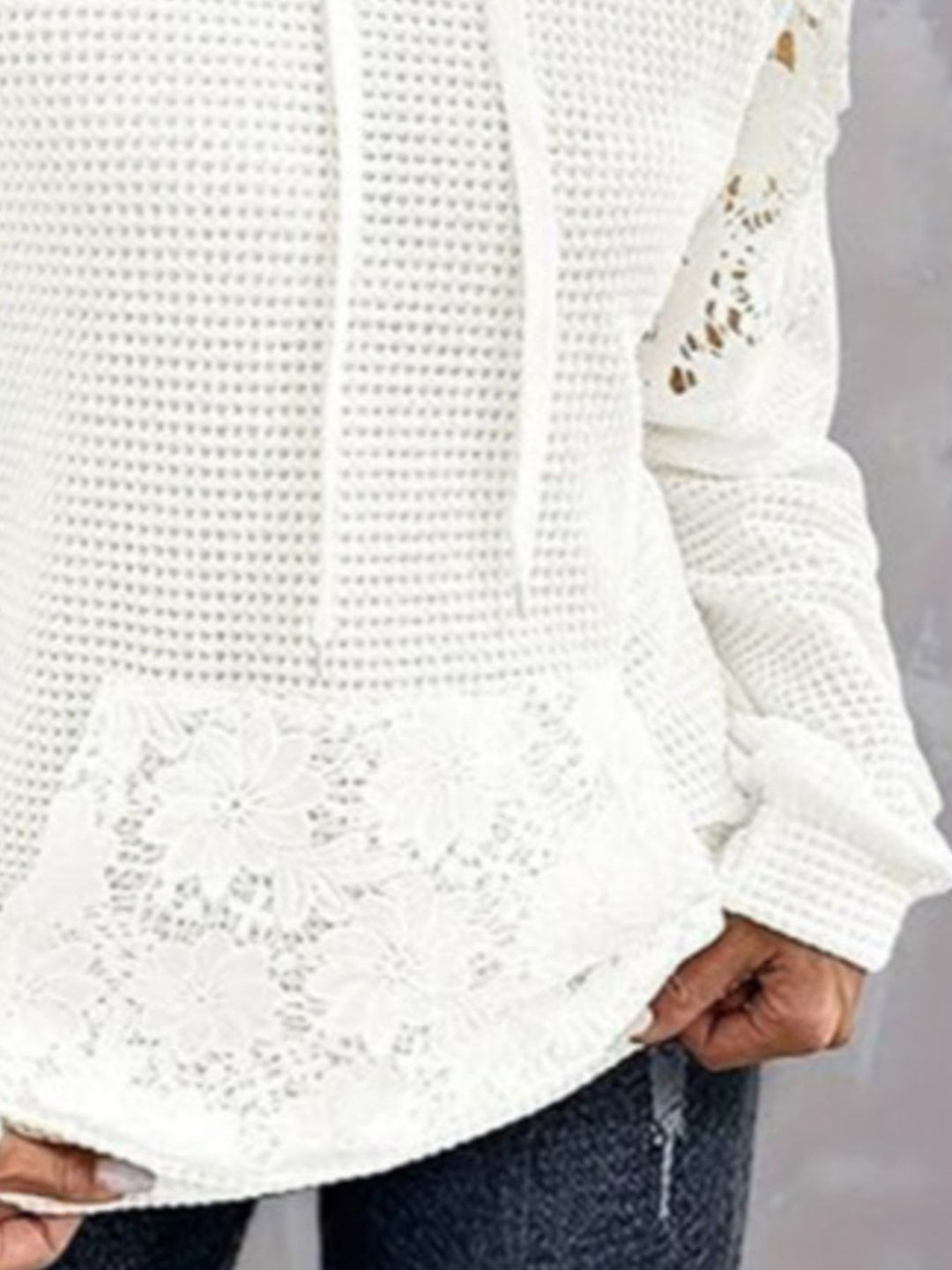 Waffle knit hoodie with floral lace trim and cutout sleeves