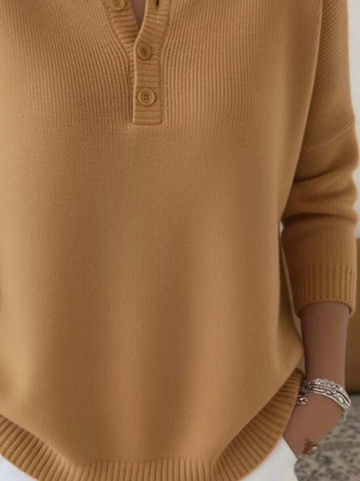 Henley button knit sweater with ribbed trim