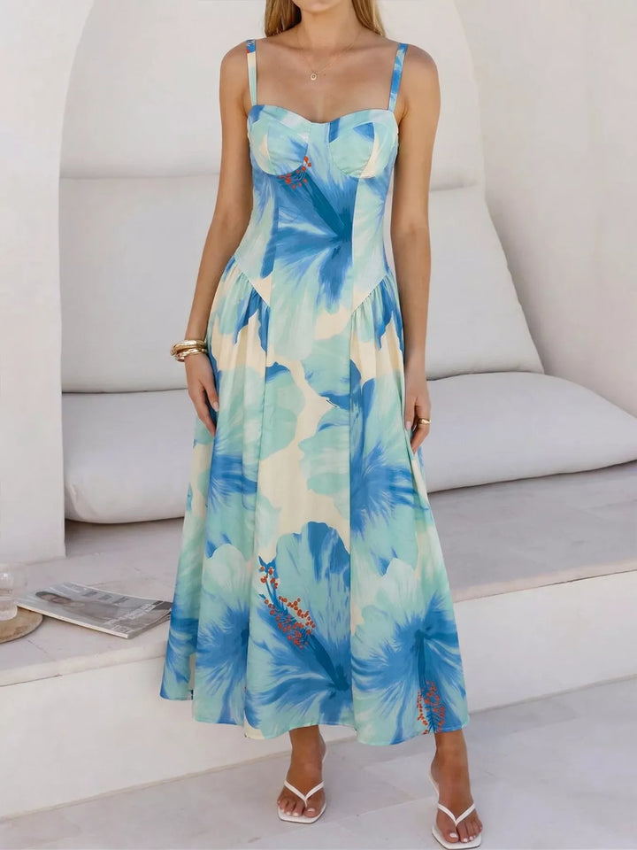 Blue Floral print sweetheart bustier maxi dress