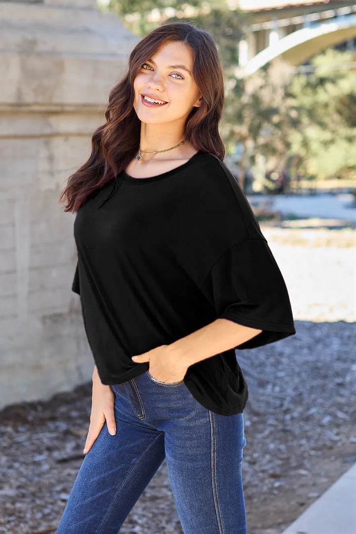 Boxy drop-shoulder round neck bamboo tee