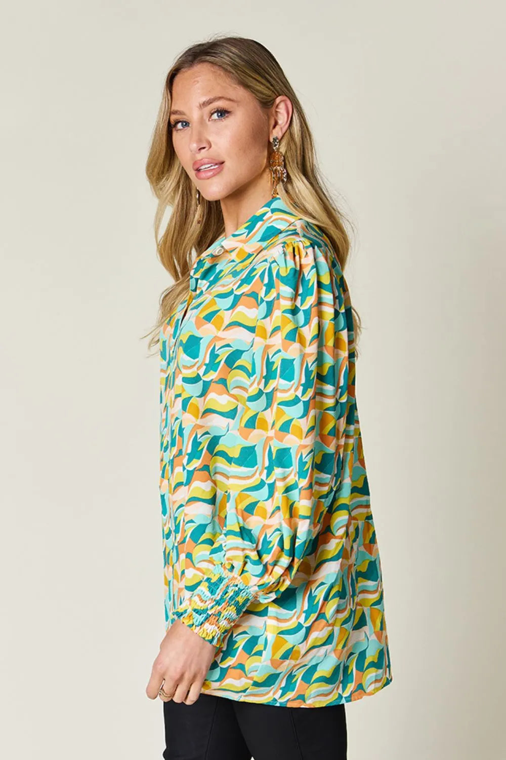 Abstract print smocked balloon sleeve blouse