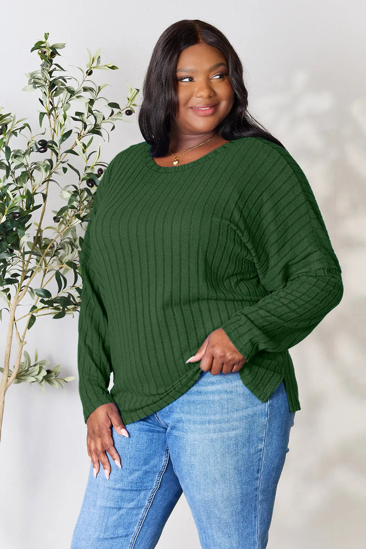 Ribbed knit round neck tunic top with side slits