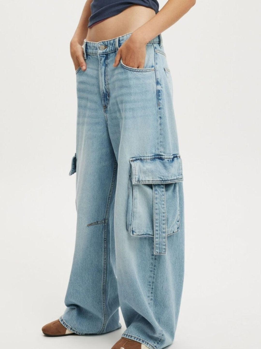Light Blue Vintage wash wide-leg cargo jeans with strap pockets